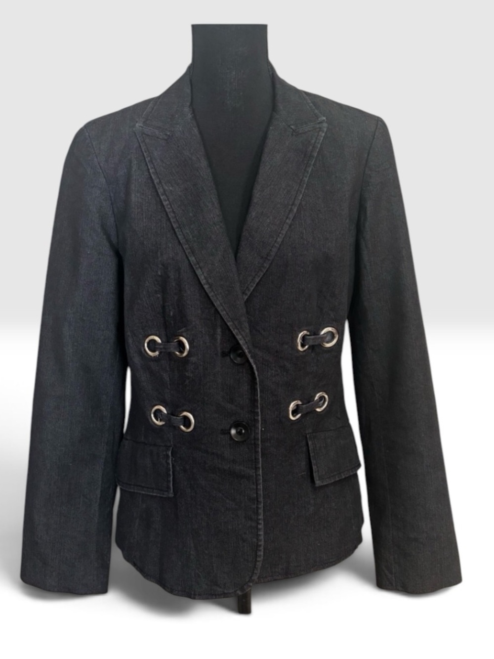 AZUR BLACK DENIM TAILORED MILITARY STYLE WESTERN COWBOY CHIC BLAZER JACKET SZ L